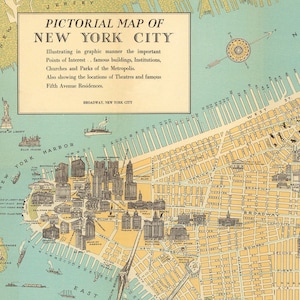 Mapa digital de Nueva York. Mapa Imprimible Antiguo von Nueva York. Cartel de Nueva York. Kartell von Manhattan. Mapa pictórico de Nueva York.