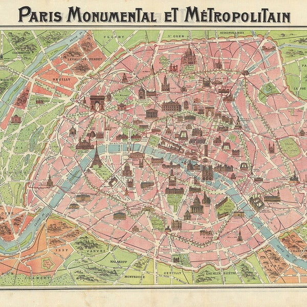 Old Map of Paris DIGITAL DOWNLOAD. Antique PARIS Map - Paris Print. French map poster. Antique Paris monumental et métropolitain poster.