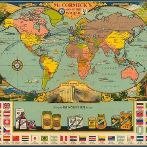 ビンテージ デジタル世界地図。1933 年印刷可能な世界地図。保育室用のアンティーク学校地図。マコーミックの世界地図。世界チャート ポスター。