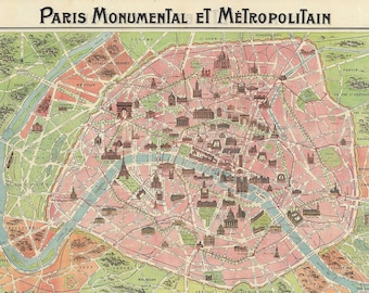20世紀初頭のパリの古地図。主要なモニュメントがすべて表示されてい