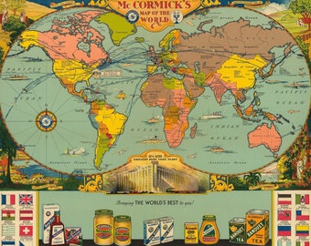 1933年製ヴィンテージ世界地図ポスター、アンティーク学校用図表