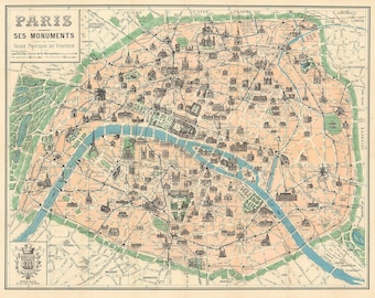 Alte Karte von Paris DIGITAL DOWNLOAD. Antike PARIS-Karte – Paris-Druck. Französisches Kartenplakat. 1905 Paris Ses Monuments-Guide Pratique Du Visiteur