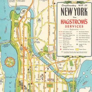 Póster del mapa de Nueva York de 1946 - Descarga digital. Mapa guía antiguo de Manhattan. Mapa turístico de Nueva York. Mapa imprimible gratuito de Nueva York.