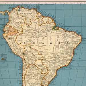 Mapa digital vintage de América del Sur. Mapa IMPRIMIBLE de América del Sur de 1935. Cartel de América. Mapa antiguo de América del Sur.