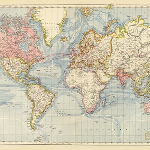 Kartell der Karte als Mundial de la Escuela Antigua. Mapa mundial imprimible. Impresión de Atlas antiguo für decorazion der oficinas.