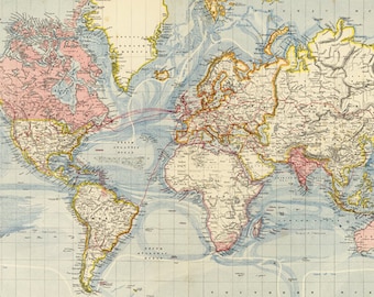 May include: A vintage world map with a blue ocean and continents outlined in yellow. The map is divided into countries with different colors and includes a grid system. The title "THE WORLD" is printed at the bottom of the map.