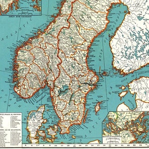 Vintage Landkarte von Schweden, Norwegen und Dänemark digital-Skandinavien Karte printable. Antike Karte - skandinavischer Druck. Alte druckbare Landkarte