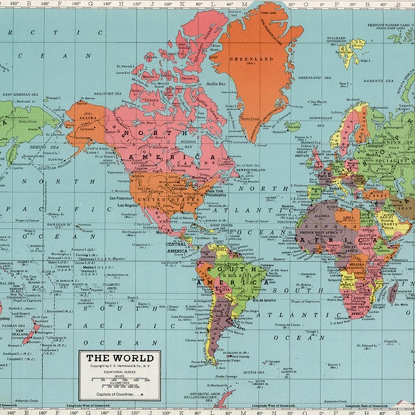World map digital print. PRINTABLE map poster. Antique school world map printable