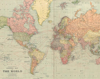 Impresión digital del mapa mundial. Mapa del mundo antiguo imprimible. Póster de mapa IMPRIMIBLE.