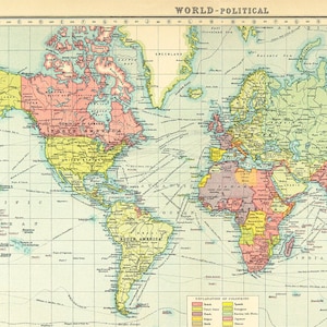 Impresión digital de mapa del mundo colorido antiguo. Póster imprimible del mapa mundial. Impresión digital Atlas para habitación infantil.