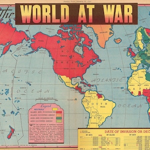 May include: A vintage world map showing the countries involved in World War II. The map is color-coded to show the Allied and Axis powers, as well as neutral countries. The map also includes a legend explaining the different colors and a table showing the date of invasion or declaration of war for each country.