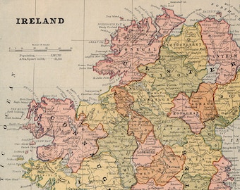 Mapa digital antiguo de Irlanda. 1883 Cartel IMPRIMIBLE de Irlanda. Impresión de mapas irlandeses. Cartel del mapa de Irlanda.