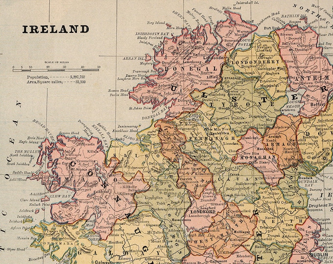 Antique Digital Ireland Map. 1883 Ireland PRINTABLE Poster. Irish Map