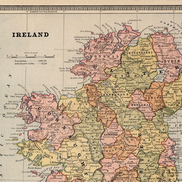 Antique digital Ireland Map. 1883 Ireland PRINTABLE Poster. Irish map print. Ireland Map Poster.