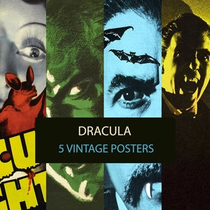 Dracula Digital Prints-Set of 5. Vintage Dracula Movies Wall Art decoration. Bela Lugosi and Christopher Lee printable posters. Bram Stocker