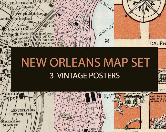 Vintage Map of New Orleans Digital Print-set of 3. Old Map of United ...