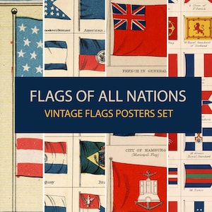Banderas del mundo Impresión digital-Juego de 4. Cartel imprimible de Banderas antiguas de todas las naciones. Antiguo arte de pared educativo. Arte de pared de banderas del mundo.