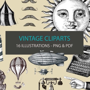 Vintage Elements Digital Clipart. 16 Printable Vintage Illustrations PNG. Antique icons for Scrapbooking or Crafts.