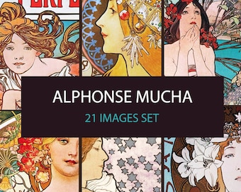 Alphonse Mucha Art Nouveau images set- DIGITAL DOWNLOAD. Set of 21 vintage Mucha advertisment illustrations. Scrapbook Ephemera set.
