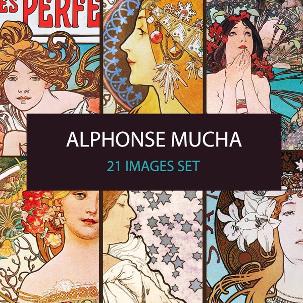 Alphonse Mucha Jugendstil Bilder Set - DIGITALER DOWNLOAD. Set von 21 Vintage Mucha Werbeillustrationen. Scrapbook Ephemera Set.