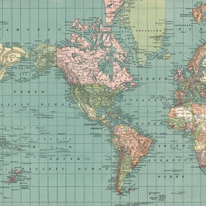 Printable World Map. Antique Digital World map. World map poster. School Atlas map for kids room. World Map decor.