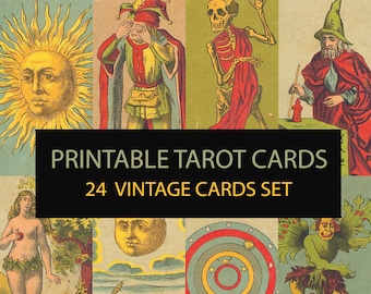 May include: A set of 24 printable vintage tarot cards. The cards feature colorful illustrations of various figures and symbols, including a jester, a skeleton, a sun, a woman with an apple, a moon, a target, and a green creature with wings. The text "PRINTABLE TAROT CARDS 24 VINTAGE CARDS SET" is displayed in a black banner.