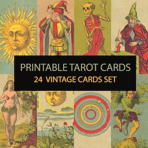 Tarocchi vintage stampabili. Set di arte dei tarocchi digitali di 24. Clipart di carta digitale antica cartomanzia. Chiaroveggente della lettura psichica.