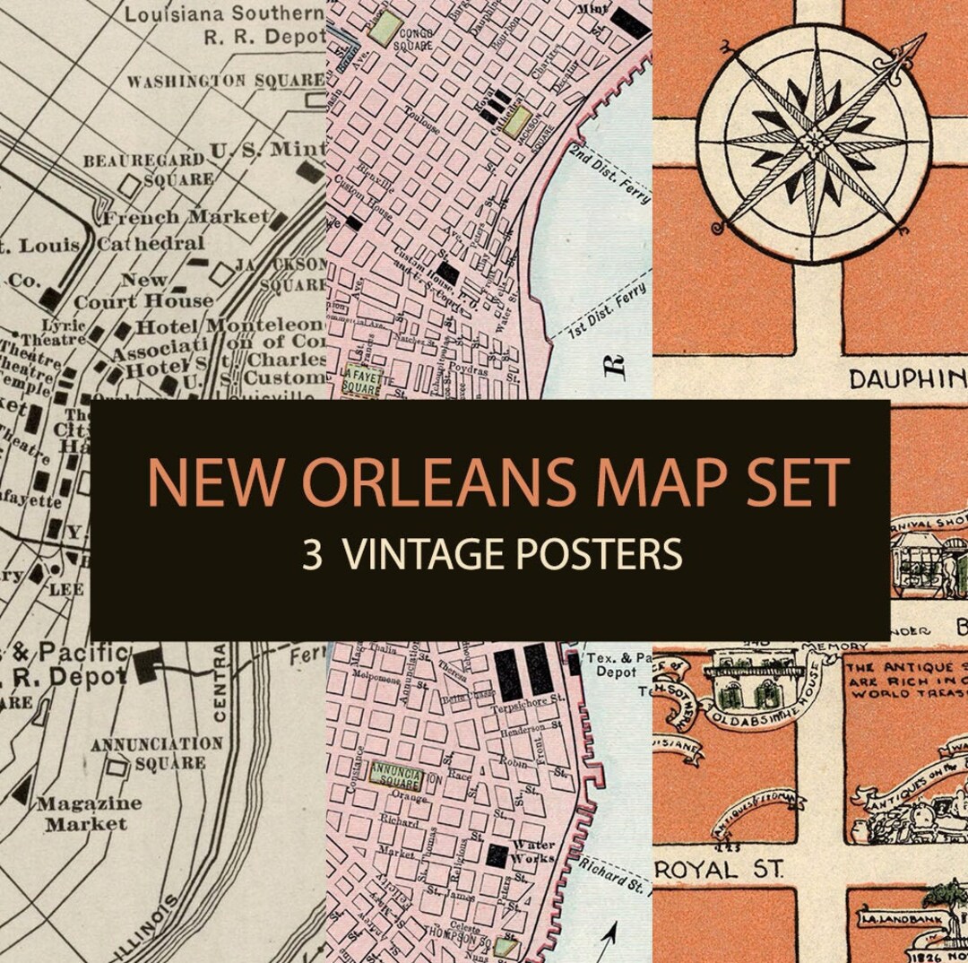 Vintage Map of New Orleans Digital Print-set of 3. Old Map of United ...