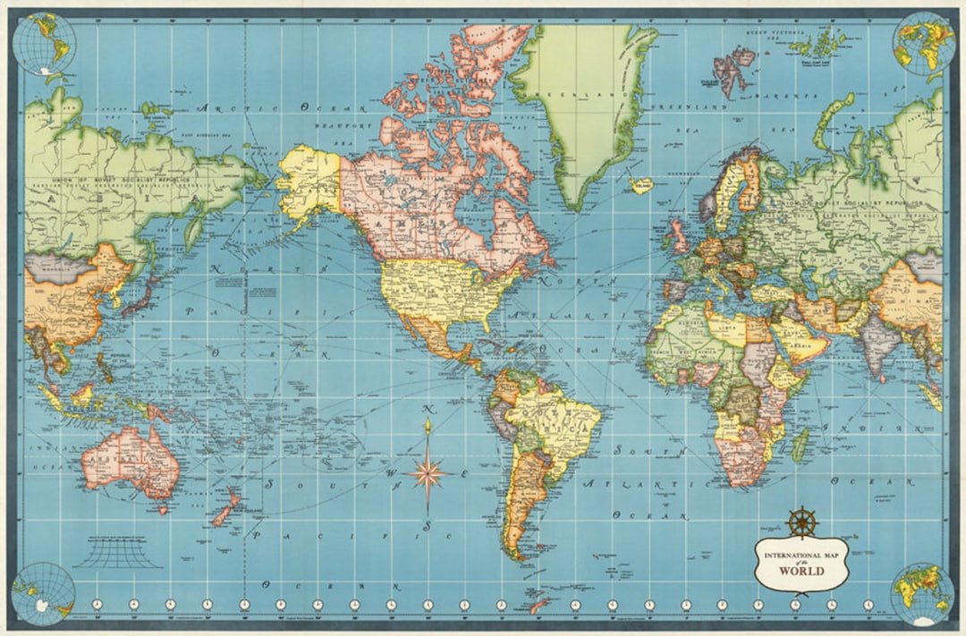 1957年ヴィンテージ世界地図プリント、アンティークアトラス（デジタル