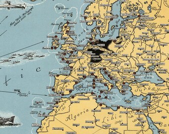 1942年第二次世界大戦の戦闘地図ポスター（ヴィンテージ）：絵入り世界