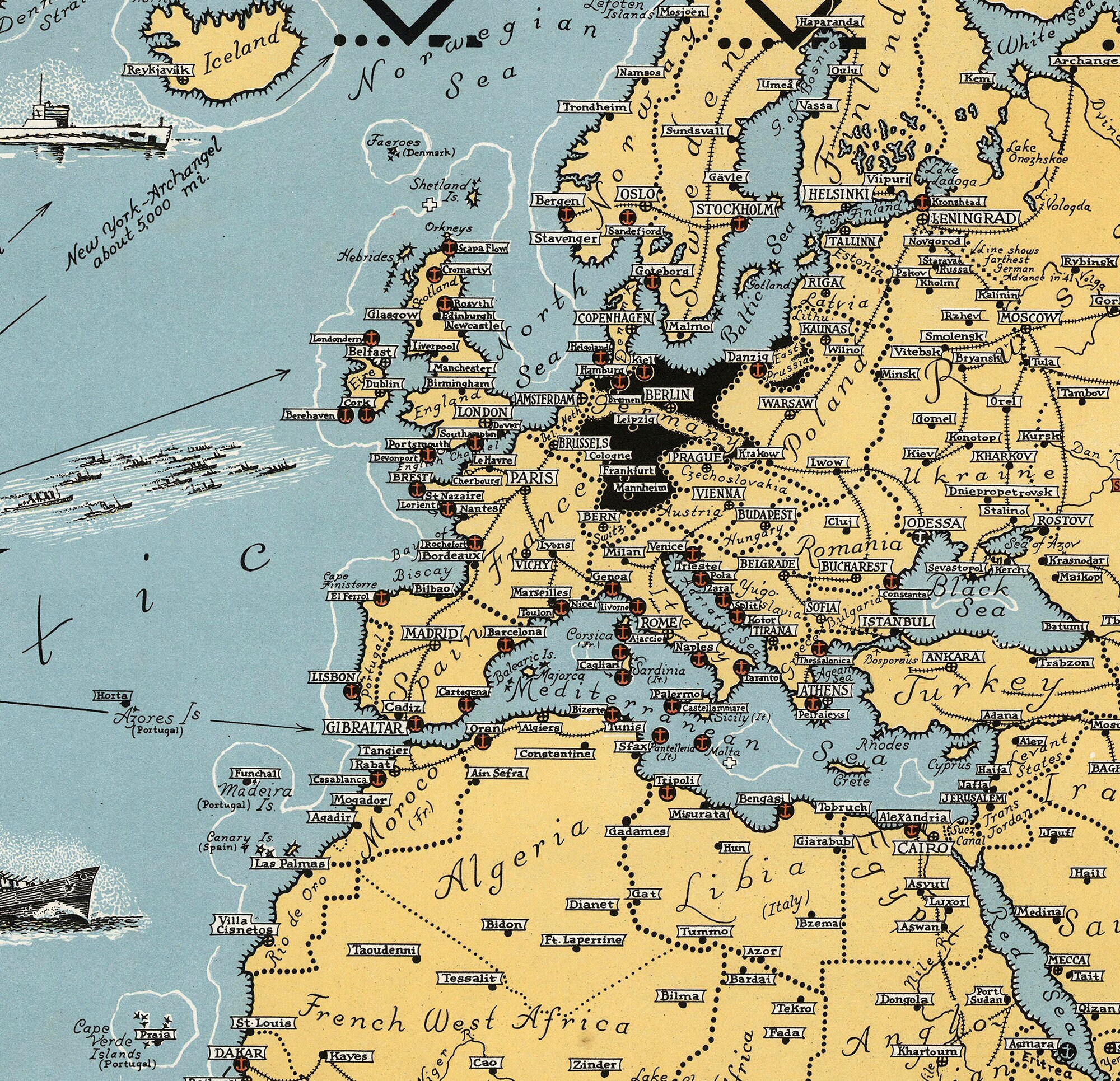 1942年第二次世界大戦の戦闘地図ポスター（ヴィンテージ）：絵入り世界