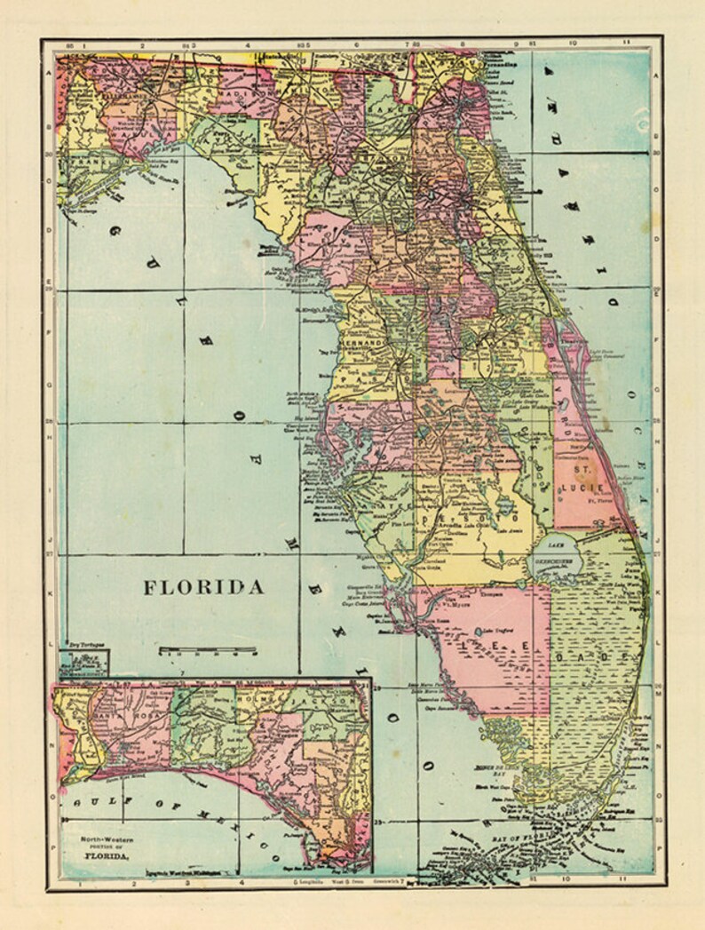 Antique Florida Electronic map. Florida printable poster. Florida electronic print. picture regarding Printable Map of Florida titled Antique Florida Electronic map. Florida printable poster. Florida electronic print.