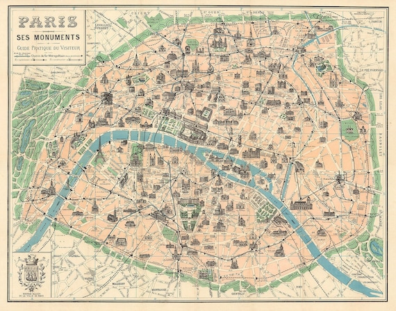 アート・デザイン・音楽 HISTORIC MAPS AND VIEWS OF PARIS Vintage Paris Map, Pictorial Map, PRINTABLE, Antique Paris
