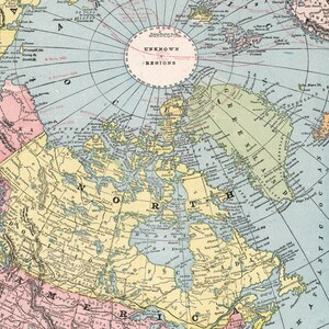 May include: A vintage map of North America with a focus on Canada. The map is in shades of blue, green, yellow, and pink. The map shows the major bodies of water, including the Great Lakes, Hudson Bay, and the Arctic Ocean. The map also shows the major cities and towns of Canada, as well as the major rivers and mountains. The map is titled "UNKNOWN / REGIONS".