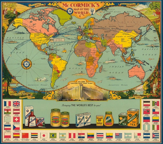 ビンテージ デジタル世界地図。1933 年印刷可能な世界地図。保育
