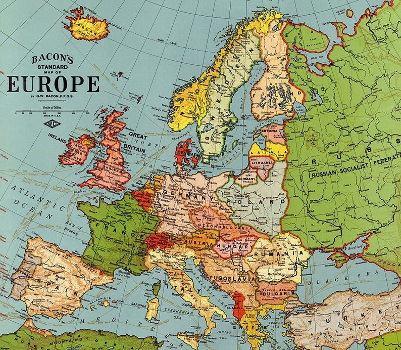 1923 Old Europe map printable digital download.Vintage Europe Map-Instant Digital Download.PRINTABLE map.Europe traveller map.Trip to Europe image 1