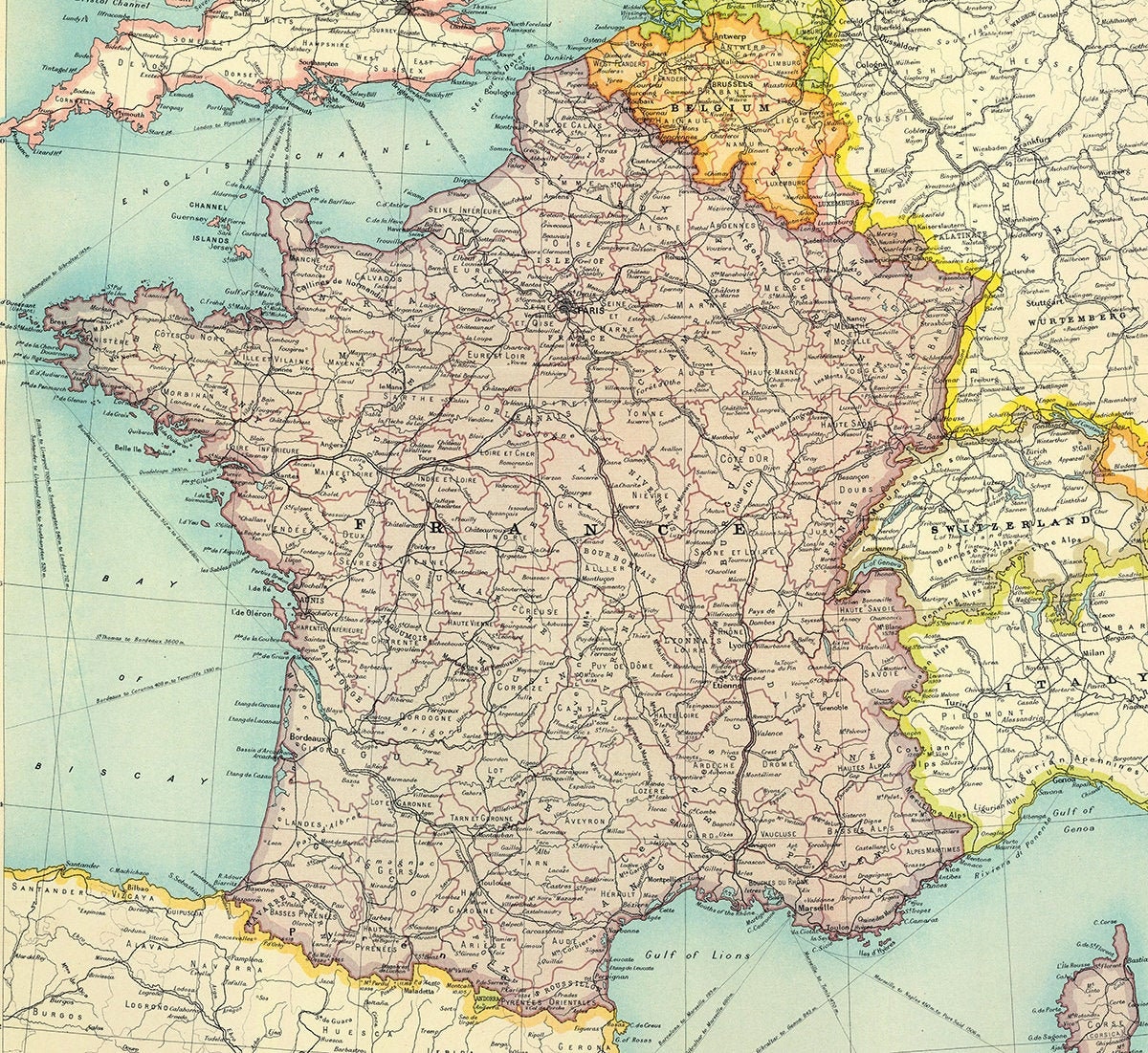フランスアンティーク　MAP Vintage France Map Print: Antique Belgium, Holland (digital