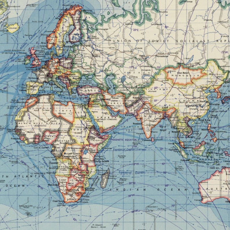 May include: A vintage world map with blue oceans, green and brown landmasses, and a grid of blue lines. The map shows the continents of North America, South America, Europe, Asia, Africa, Australia, and Antarctica. The map also includes the names of countries and cities, as well as the names of oceans and seas.