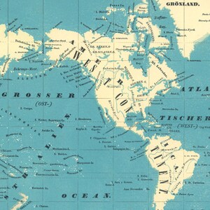 May include: A vintage map of North America and surrounding areas, with a blue background and white text. The map shows the continents of North America, South America, and Greenland, as well as the surrounding oceans. The map is labeled with the names of various countries, cities, and geographical features.