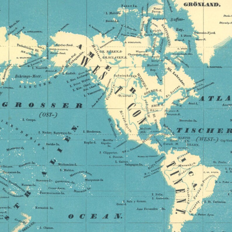 May include: A vintage map of North America and surrounding areas, with a blue background and white text. The map shows the continents of North America, South America, and Greenland, as well as the surrounding oceans. The map is labeled with the names of various countries, cities, and geographical features.