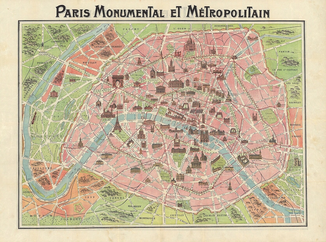 アンティークパリ地図印刷物 - 1911年記念都市計画図（デジタル