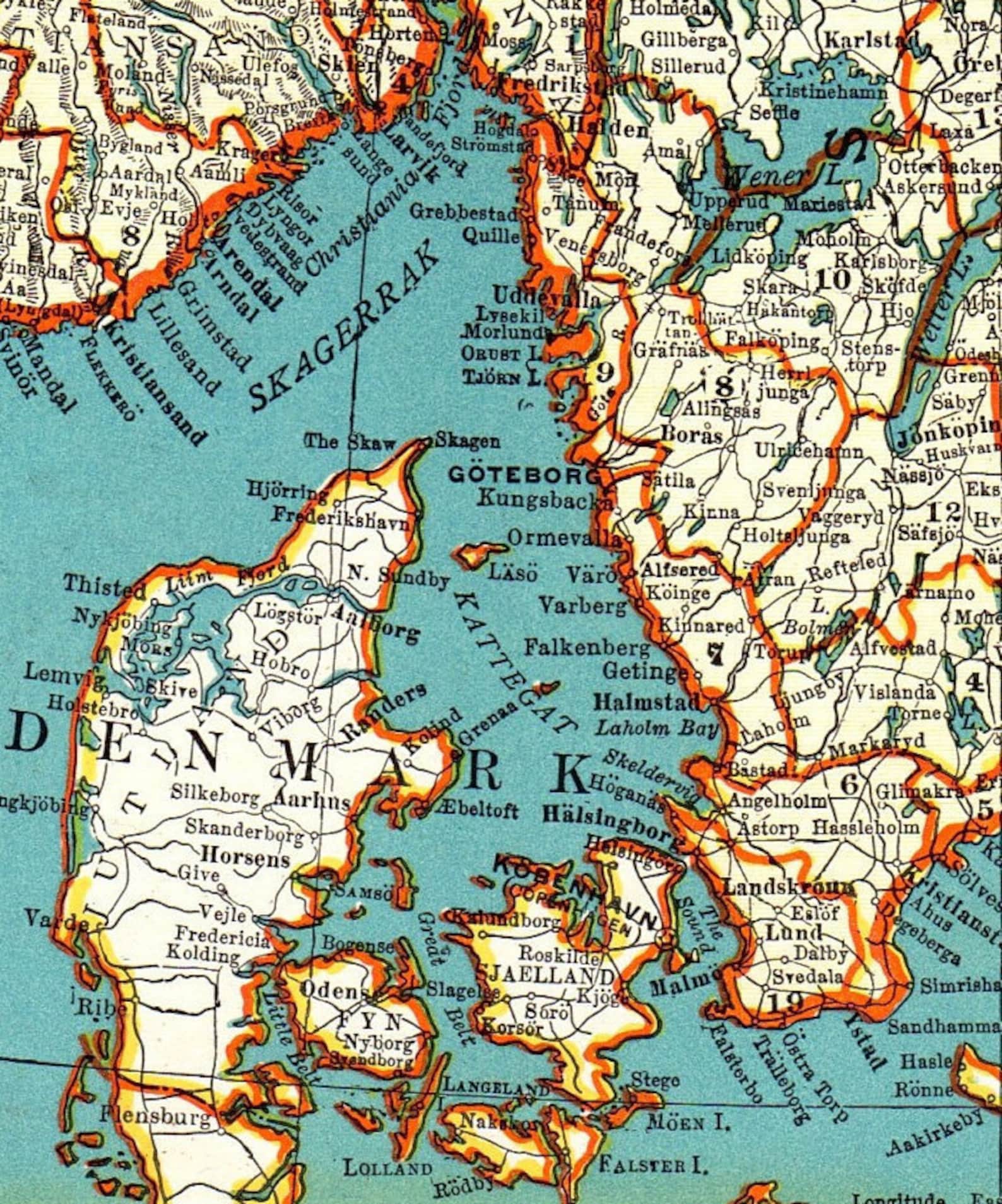 Vintage Sweden, Norway and Denmark Map Digital-scandinavia Map ...