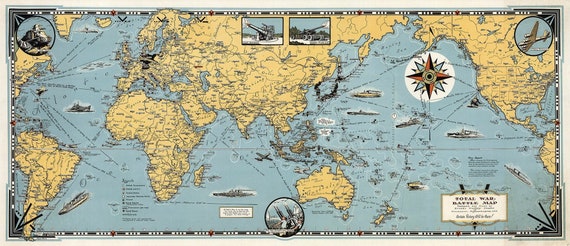 1942年第二次世界大戦の戦闘地図ポスター（ヴィンテージ）：絵入り世界