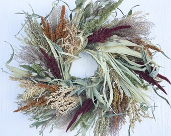 corn husk wreath with mixed grains/dried flower wreath/mixed grains wreath/inside door wreath/unique farmhouse rustic indoor handmade wreath