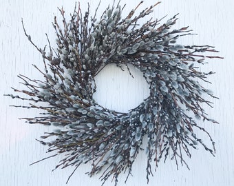 springtime pussywillow twig wreath/rustic pussywillow twig wreath/wildcrafted Maine pussywillow twig wreath/pussywillow wreath/wild wreath