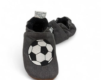 Children's slippers embroidered with football, vegan made from jeans, upcycled