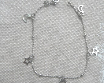 Bracelet argent vieilli "Etoiles , Lunes et Coeur"