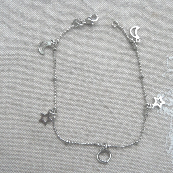 Bracelet argent vieilli "Etoiles , Lunes et Coeur"