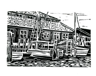 Mystic Connecticut Original Linocut Print