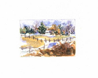 Snowy Farm Meadow Tiny Original Watercolor